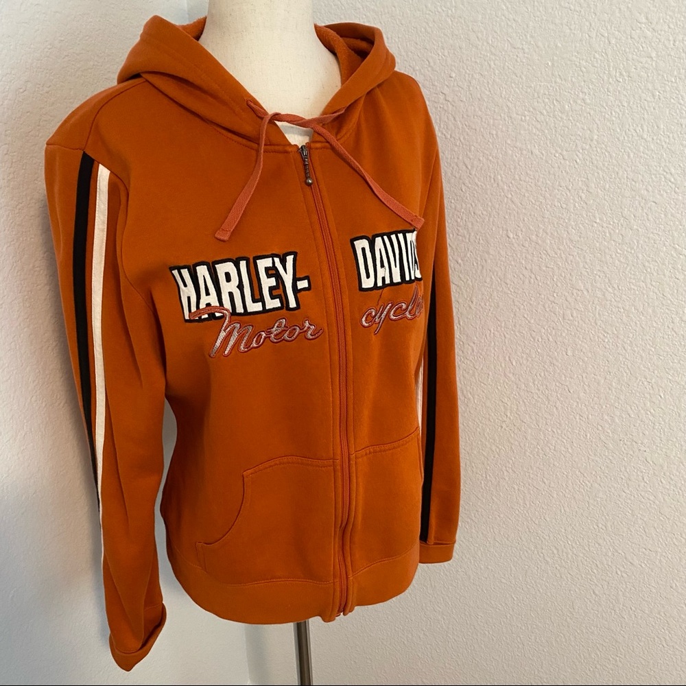 HARLEY DAVIDSON Classic Orange Black Hoodie Full Zipper Pockets Stylish Size L